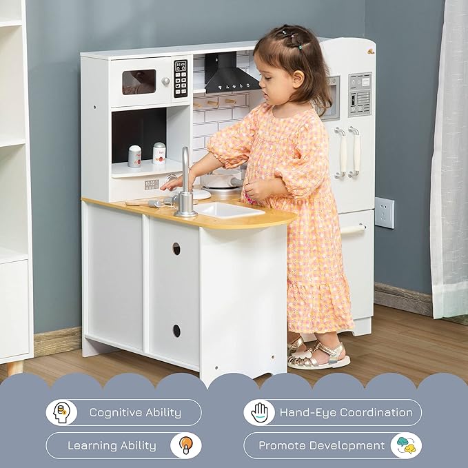 Qaba Pretend Play Corner Kitchen, Interactive Wooden Kids Play Kitchen w/Realistic Sounds, Telephone, Refrigerator, Oven, Microwave, Gift for Toddlers Aged 3+