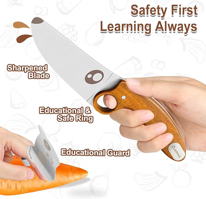 Kids Knife Set for Real Cooking with Educational Ring, Rounded Tip, Fingers Guard, 4 Pieces Kids Kitchen Knife Kit for Children and Teaching Food Prep and Kitchen Safety