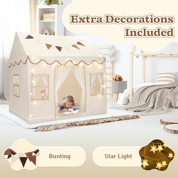 Kids Play Tent, Toddlers Large Playhouse with Star String, Flag, Machine Washable, Indoor and Outdoor Play Tent for Kids, Girls & Boy Aged 3+, 50" x 34" x 51", Cream