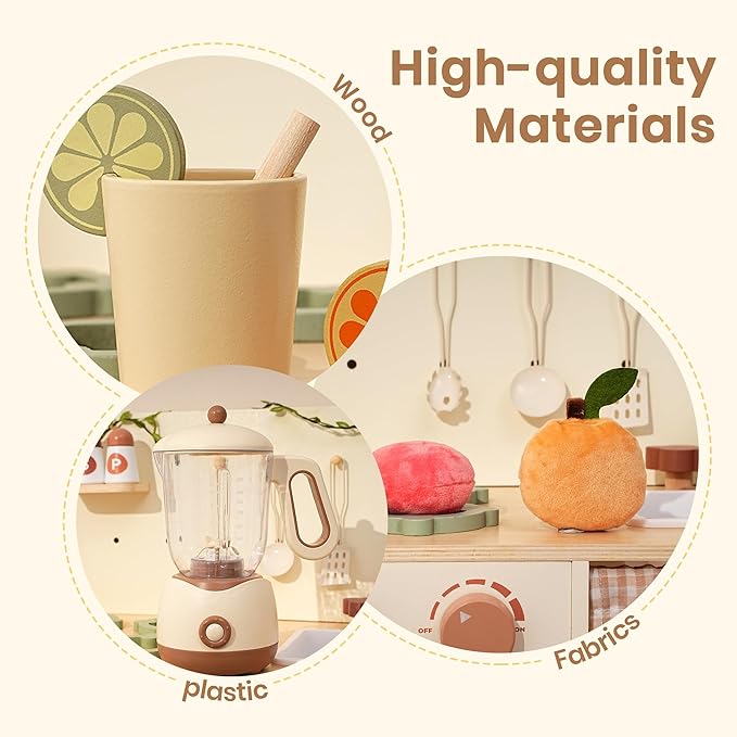 ROBOTIME Kids Toy Kitchen Set - Wooden Play Kitchen Appliances with Toaster, Mixer, Blender with Realistic Sounds, Play Kitchen Accessories Toy Food Set for Kids - Kitchen Playset for Toddlers(4-Set)