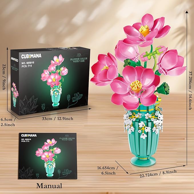 Flower Bouquet Building Set with Vase - 711 PCS Artificial Flower Building Block Toy, Fake Indoor Flower for Home Office Decor Table Display, Christmas Anniversary Birthday Gifts for Adults Women