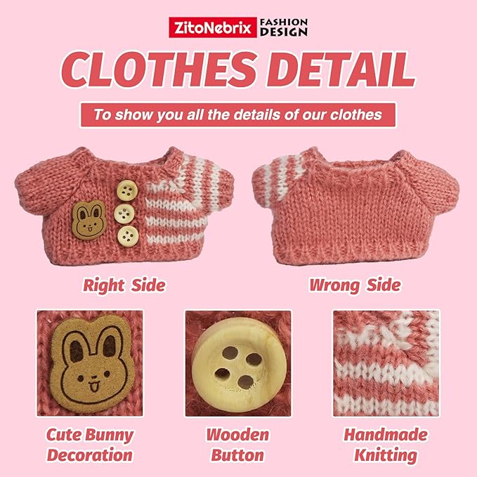 Cloth for 15cm ＆ 17cm Doll,5-Piece Handcrafted Crochet Outfit(NO Doll) - Pink Clothes + Bear- Velvet hat + Glasses + Shoulder Bag + White Shoes (Light Pink Clothes)