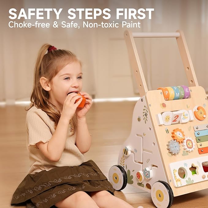 Wooden Baby Walker Push Toy for Infants 1-3 Years Learning to Walk, Adjustable Speed Activity Walker with Montessori Toys, First Birthday Gift for Boys & Girls