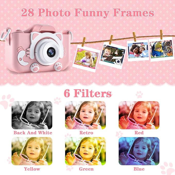Kids Camera Toys for 3 4 5 6 7 8 9 10 11 12 Year Old Boys/Girls, Kids Digital Camera for Toddler with Video, Christmas Birthday Festival Gifts for Kids, Selfie Camera for Child, 32GB TF Card