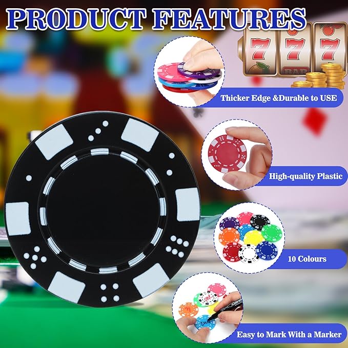 Coopay 250 Pcs Plastic Poker Chips for Texas Hold'em, Blackjack, Poker Chips Set with Dice Striped Edges for Card Board Game, Card Club Late Game Night Home Themed Events Party Supplies
