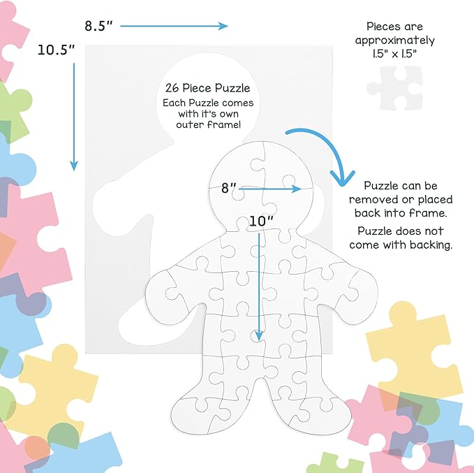 Hygloss 12 Blank Person-Shaped Puzzles – 8.5 x 10.5 Inches – Ideal for All-About-Me Activities – Write, Draw, and Decorate – 26 Pieces Each