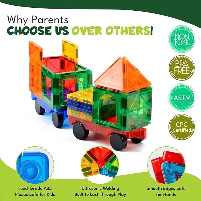 Magnetic Tiles 136 PCS with 2 Cars – STEM Building Blocks for Kids, Educational Gift for Boys & Girls