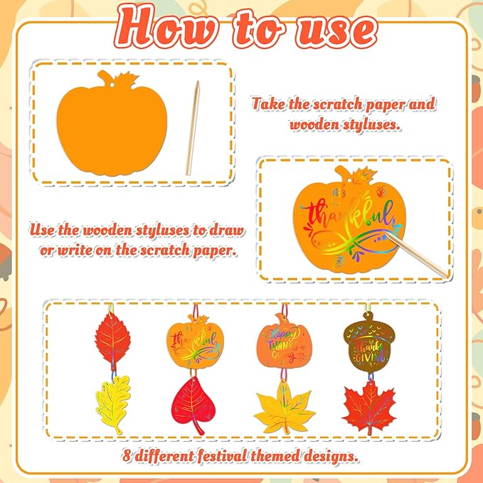Eternity sky 64 Sets Fall Thanksgiving Crafts Colorful Leaves Pumpkin Scratch Art, Autumn Magic DIY Kit Classroom Activities Party Favors