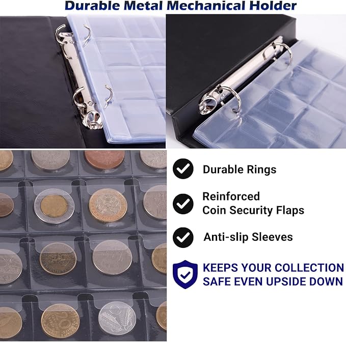 3in1 Coin Collection Holder Classic Album 190 Pockets - Paper Money Collector - Large Storage Book Organizer Display for Gold Silver Dollars Dollar Bill Currency Quarters Penny Foreign Coins (Blue)