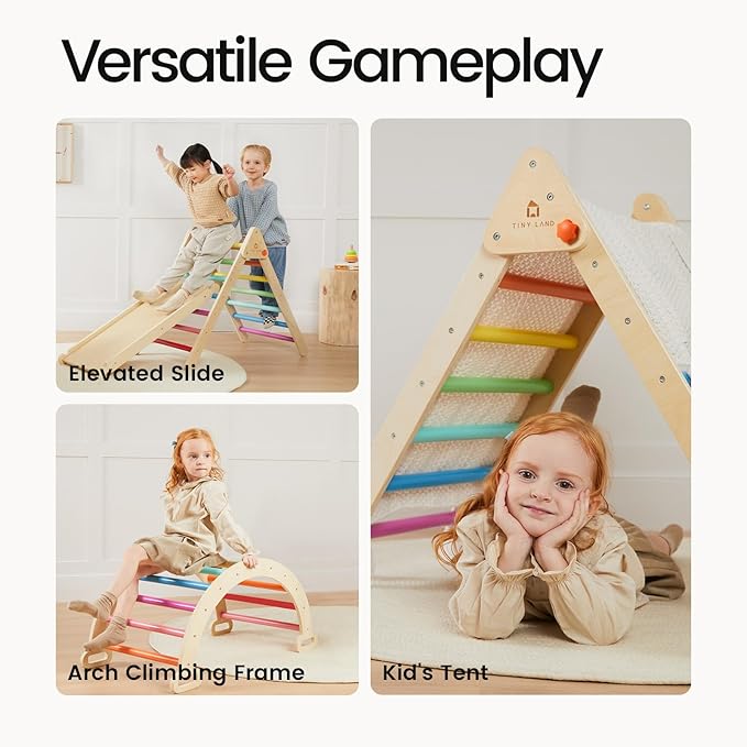 Tiny Land Pikler Triangle Set, 7-in-1 Foldable Pikler Triangle Climbing Toys Set for Kids,Baby Indoor Playground Jungle Gym, Wooden Montessori Climbing Set for Toddler (Rainbow,Large)