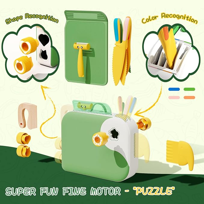 Montessori Kitchen Tools for Toddlers,Kids Knife for Real Cooking,Toddlers Knife Set with Storage Box Kids Safe Knives Children Cutting Set for Girl Boy,Montessori Toys for Kitchen Set -Green