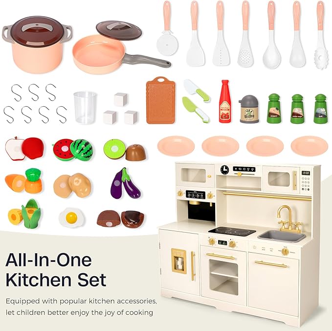 Kids Kitchen Playset, Wooden Toddler Play Kitchen Set Toys, Cooking Stove, Play Sink, Play Food, Kitchen Accessories for Baby Toddler Kids Toys, Pretend Toy Kitchen for Girls Ages 1-3