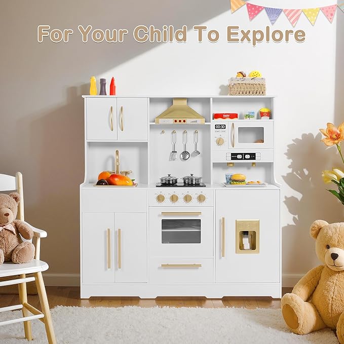 Kids Kitchen Playset, Wooden Play Kitchen with Toy Storage System, Pretend Play Kitchen Set Toy with Range Hood, Ice Maker & Coffee Maker, for Kids Ages 3+, White