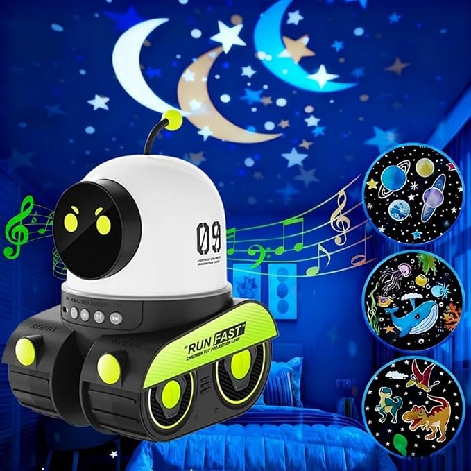 Kids Cartoon Projector Lamp, Cartoon Robot Car Projection Lamp, Rechargeable Robot Night Light with Music, Universe Starry Sky Rotate LED Animal Holiday Room Decor, 21 Discs(2pcs)