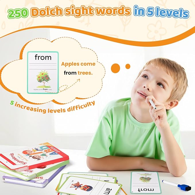 Big Size Sight Words Flash Card Kindergarten, 250 Dolch Sight Word Game with 5 Levels, Preschool Toddler Flash Card for Writing Reading Spelling Game, Educational Learning Toy for Kid Age 3+