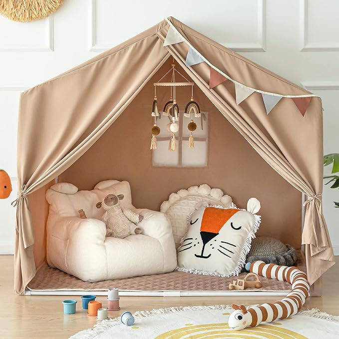Kids Play Tent with Mat, Large Playhouse Tent Indoor, Kids Castle Tent for Girls Boys, Play Cottage (Khaki)