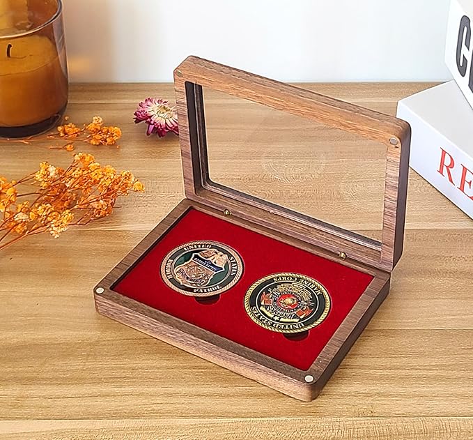 Challenge Coin Display Case Single Coin Display Box Two 1.81" Coin Holder Walnut Wood Coin Box Silver Dollar Coins Storage Box, Coins for Collectors with DIY Adjustable Gasket