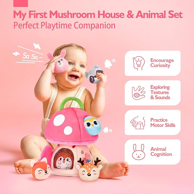 hahaland Baby Toys 6-12 Months - Montessori Toys for 6 Month Old Girl, My First Mushroom House with Stuffed Jungle Animals, Rattle, Crinkle Paper, Mirror, Sensory Toddler Toy for 1 Year Old Girl Gifts