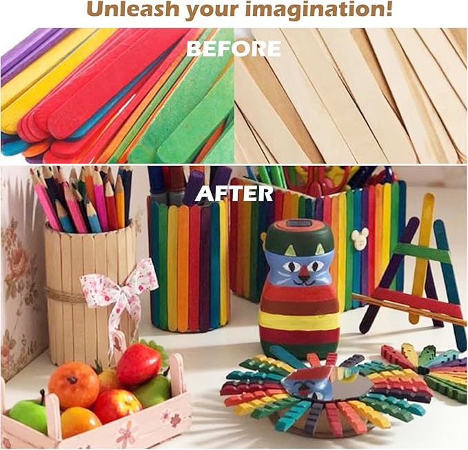 200 Piece Multicolor Popsicle Sticks - 4.5 Inch Natural Wood Craft Sticks for Waxing,Craft Project, Tongue Depressor,DIY Classroom Crafts,Woodcraft (Wood, Rainbow)