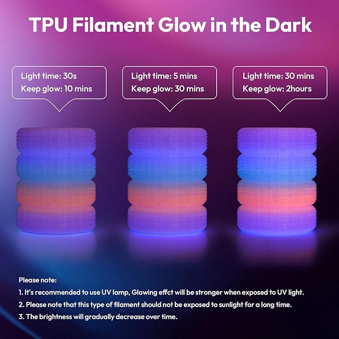 AMOLEN 95A TPU 3D Printer Filament, 1.75mm Glow in The Dark Rainbow Purple Pink Orange Blue, Soft TPU Flexible, High Hardness & Resilience, Best with UV Lamps, 1KG Spool(2.2lbs), Fit Most 3D Printers