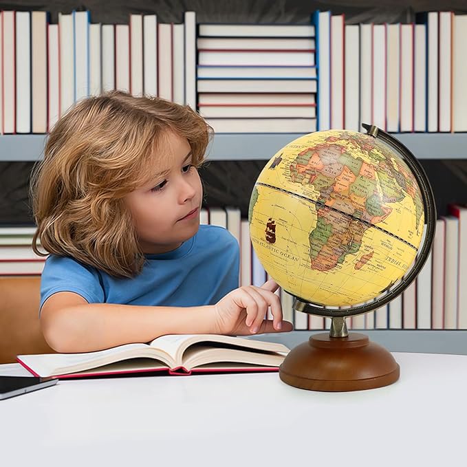 Illuminated Globe of the World with Wooden Stand, 8'' Vintage World Globe Built in LED Night Light for Kids&Adults' Geography Learning, Decor for Home Office Classroom