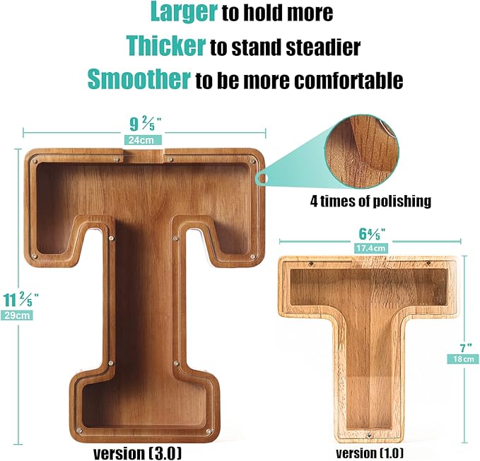 Summidate Large Wooden Piggy Bank for Kids Adults, Alphabets Letter A-Z Piggy Bank for Boys Girls, Coins Bills Change Bank Box Personalized Initial Name Kids Money Bank for Birthday Present and Decor