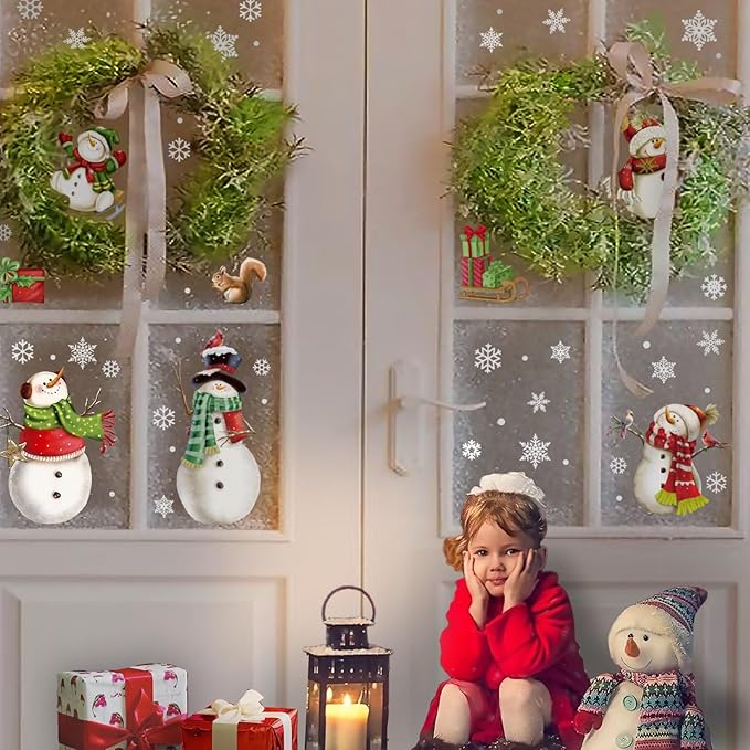 Christmas Window Clings，Snowflake Stickers，Snowman Decals，Stickers for Windows Glass，Winter Window Cling，Christmas Decorations Holiday