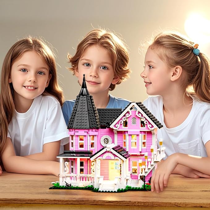 Pink Palace House Building Set with Lights, Halloween Haunted House Blocks Toy, Halloween House Kit for Kids Adults,Christmas for Girls and Boys, Aged 8+ (1349PCS)