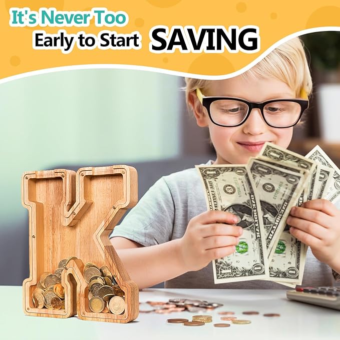 SummiDate Wooden Letter Piggy Bank for Kids| Piggy Bank for Boys Girls Toddler| Alphabet K Money Bank| Wood Coin Bank Personalized Birthday Gift for Kids (K)