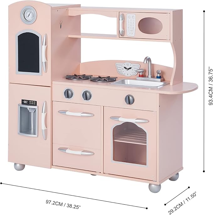 Teamson Kids Little Chef Wooden Westchester Retro Kids Play Kitchen Playset, for Toddlers Child Children Boy Girl, Pink