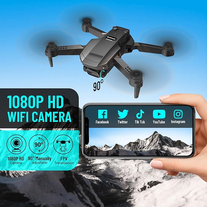 Drone with Camera for Adults Kids, 1080P HD FPV Foldable RC Quadcopter with Upgrade Altitude Hold, One-Key Take Off/Landing, Gesture Control, 90° Adjustable Lens, Headless Mode, 2 Batteries, Carrying Case, 3D Flip