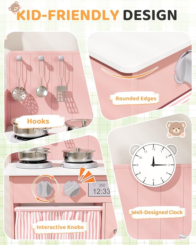 MAMIZO Kids Kitchen Playset with Ample Storage, Interactive Play Kitchen with Simulated Gas Cooker, Clicking Knobs, Sink, Faucet, 6 Pcs Cookware, Educational Clock for Toddlers (Pink)