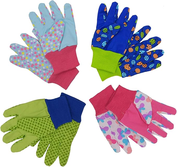 HANDLANDY 2 Pairs Kids Gardening Gloves, Girls Boys Children Garden Work Play Gloves (Pink Butterfly & Dot, Medium)