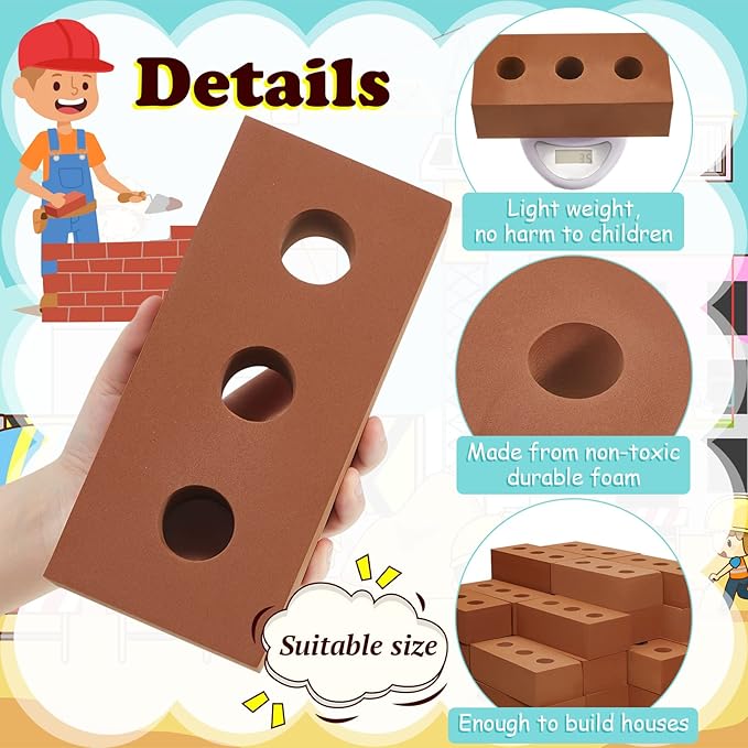 Zhanmai 50 Pack Foam Bricks Building Blocks for Kids Foam Cinder Blocks Large Fake Bricks Toy for Stacking and Construction 8 x 4 x 2.4 Inches(Round)