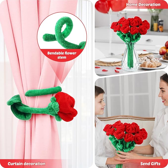 18 Pcs Plush Rose Flower Stuffed Bendable Stems Plush Bouquet Toy Soft Floral 12.6 Inch for Graduation 2025 Mother's Day Valentines Day Girl Girlfriend Wife Family and Friends(Red Series)