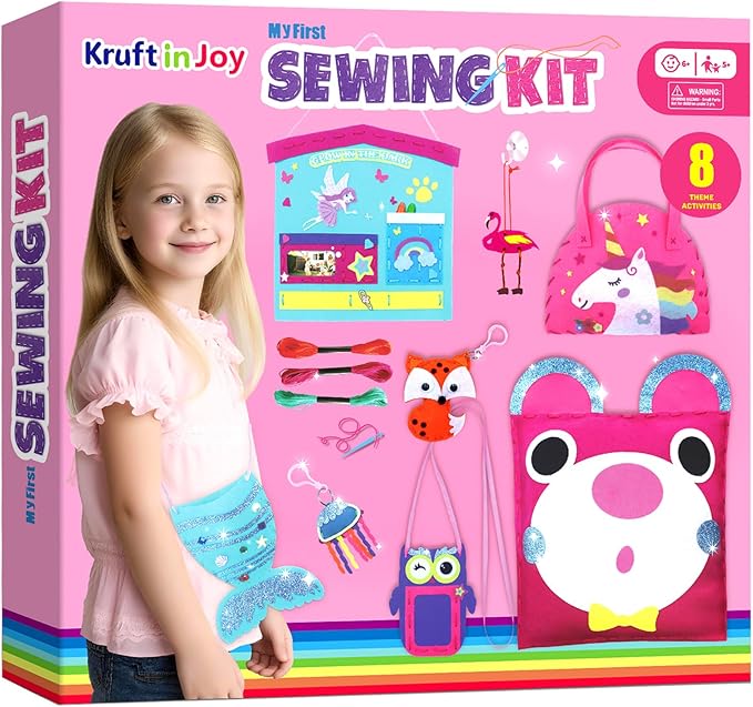 Kruft in Joy My First Sewing Kit Fun Felt Craft for Kids-8 Easy DIY Project twiggle Stuffed Animal Doll Plush Pillow Bag Charms Unicorn Mermaid Bear Fox Owl,Learn to Sew Embroidery Gift for Girl 5 12