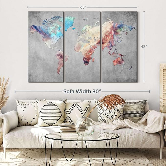 ElephantStock Artistic Touch World Map Multi Piece Canvas - 3 Panel Wall Decor - Map of the World Art - Canvas for the Office and Home - 65" X 42"