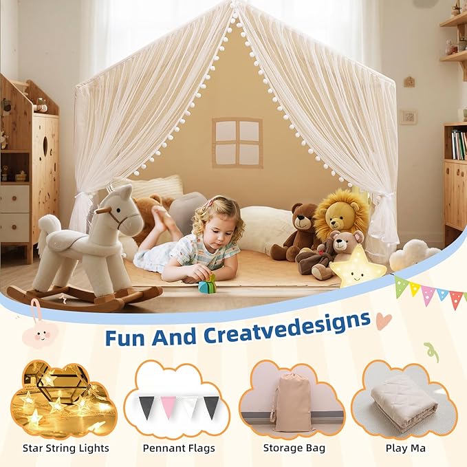 Large Kids Play Tent, 55.1in Length, Fits 3-4 Children,Indoor Playhouse for Kids, with Padded Mat and Lights, Bed Tent for Toddler, Birthday for Boys Girls