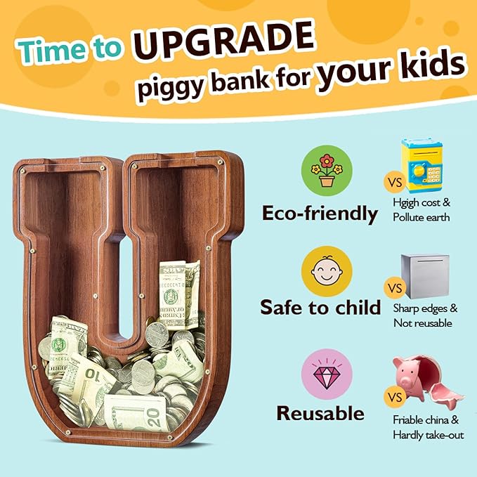 Summidate Customized Name Extra Large Wooden Piggy Bank for Kids Boys Girls Alphabets Letter A-Z Coins Bills Money Change Saving Box Clear Cover (Laser Engraved) Educational Toys 12"- Letter U