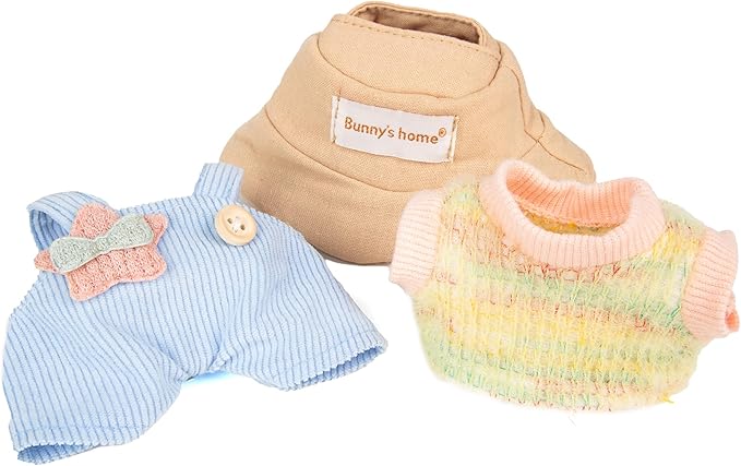 17cm Design Clothes for Labubu - Kawaii Chic Style Set for 17cm Dolls, Cute Doll Outfit with Accessories - Colorful T-Shirt + Star Light Blue Romper + Oatmeal Hat (Clothes Only)