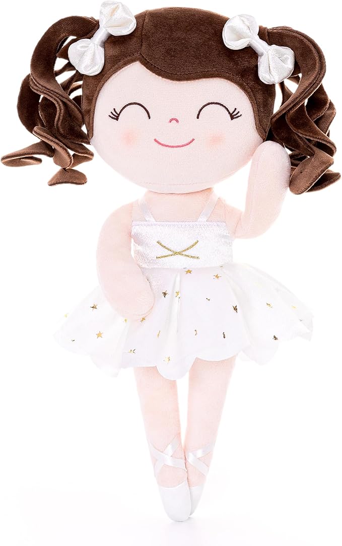 Gloveleya Baby Dolls Soft Snuggly Curly Hair Ballerina Doll First Baby Girl Gifts Plush Ballet Doll with Lace Mesh Dress White 14inches Ballerina Series