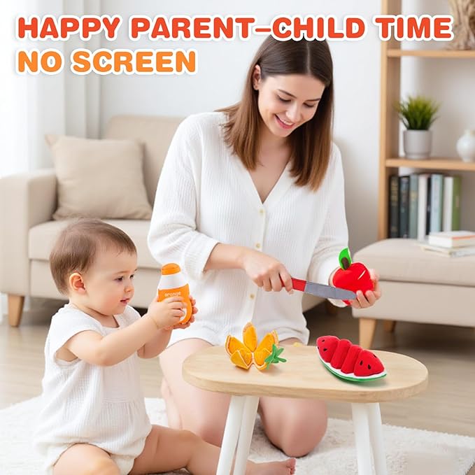 Jollybaby Soft Picnic Basket Cutting Play Food Toys for Baby 6-12-36 Months, Montessori Sensory Felt Fake Food Toy for Toddler 1-3, Birthday Gifts for 1 Year Old Boys and Girls
