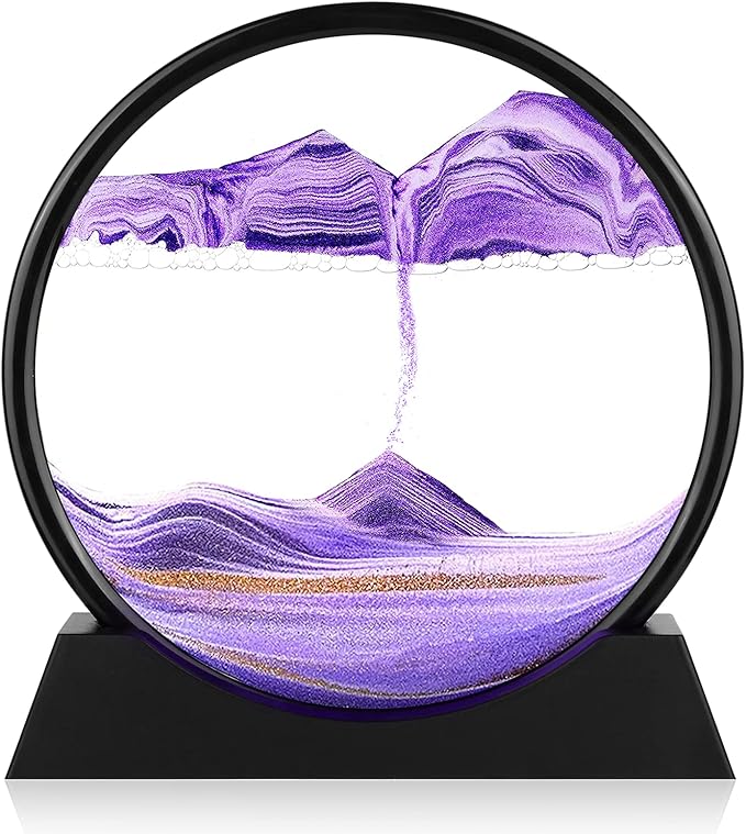 Moving Sand Art Picture - 3D Quicksand Painting Decor - Round Glass 3D Deep Sea Sandscape - Relaxing Home Decoration Desk Toys for Home Office Desk Mantle Bookshelf- (Purple, 7 in)