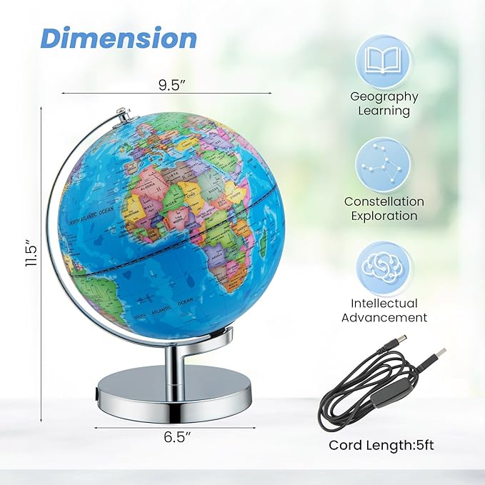 Goplus Illuminated Globes of The World with Stand, 9’’ Rotating 3 in 1 World Globe w/Constellation Stars, LED Night Light, Geography Educational Globe for Classroom, Office, Decorative, Kids Learning
