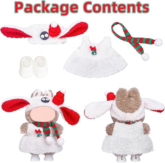 17cm Doll Clothes Designer Set-4 Piece Set Clothing for Dolls, Boys and Girls Stylish Adorable Outfits Clothes Accessories, Includes—Cute Sheep Hat + Plush Dress + Christmas Scarf + Shoes(Style E)