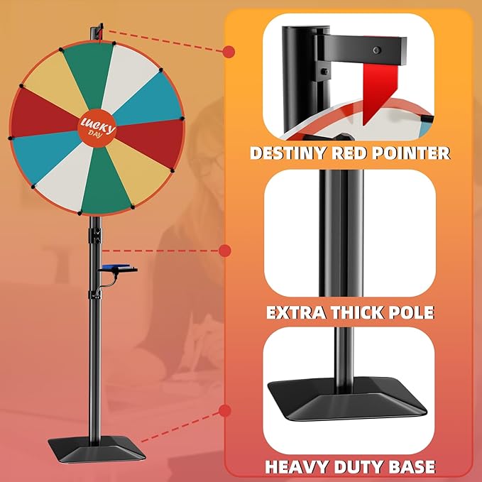 Heavy Duty Prize Wheel, 24 Inch Dual Use Prize Wheel,Adjustable Tabletop & Floor Stand, 10 Slots,1Bracket, Dry Erase Kit - Wheel of Fortune Game for Carnival, Casino & Trade Show.