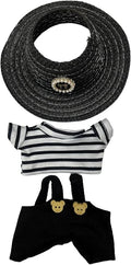 Doll Clothes for 17cm Figures, Black-and-White Striped Top Paired with Black Overalls and a Delicate Woven Hat