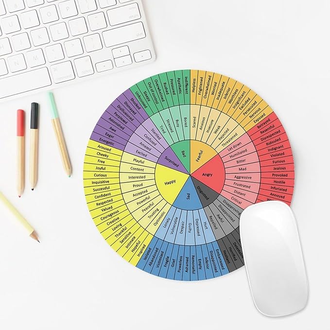 Wheel of Emotions Feelings Chart Therapy Round Mouse Pad Non-Slip Rubber Base Mental Health Computer Gaming Mousepad for School Classroom Counseling Office Home 7.8x7.8 Inches