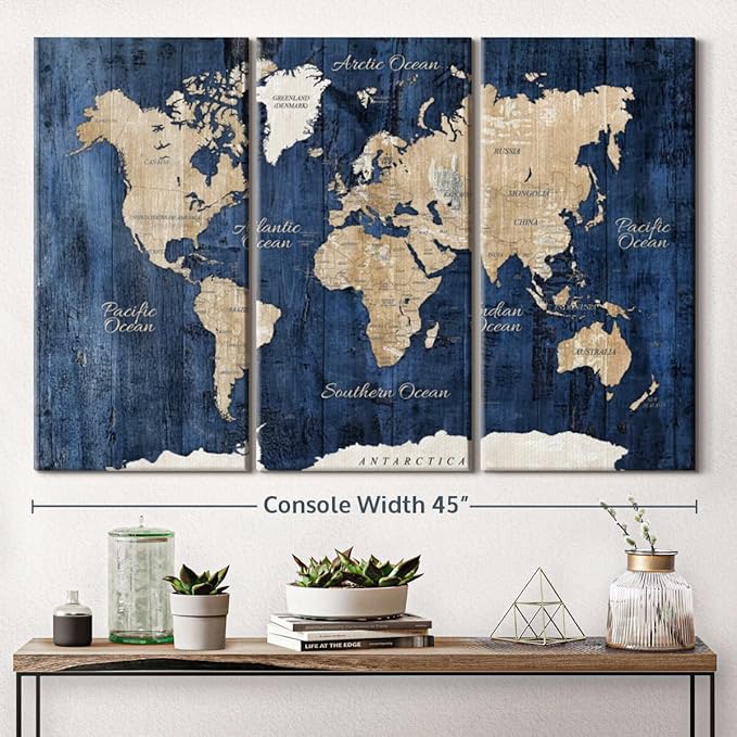 ElephantStock Aged Blue World Map II Canvas - 3 Panel Wall Decor - World Map Digital Art - Blue Wall Art - 45" X 28"