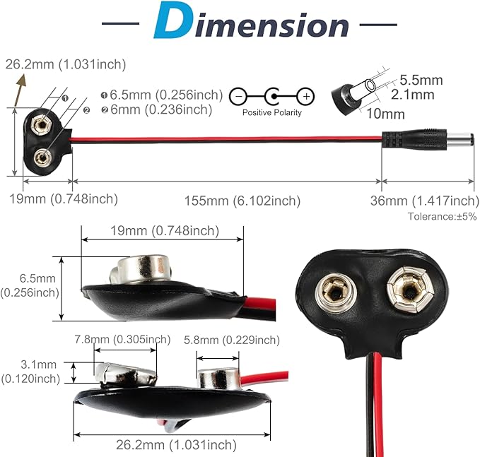 CHANZON UL Wires 9v Battery Connector Plug Arduino Battery Power Leather Clip with Center Positive 2.1mm x 5.5mm Male 5 Pack Jack T-Type for Arduino LED Strip